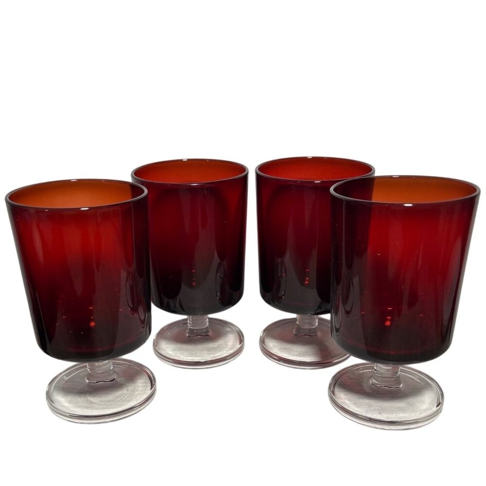 Set Of 4 Vintage Ruby Red Footed Glasses With Clear Bases 4.5” France